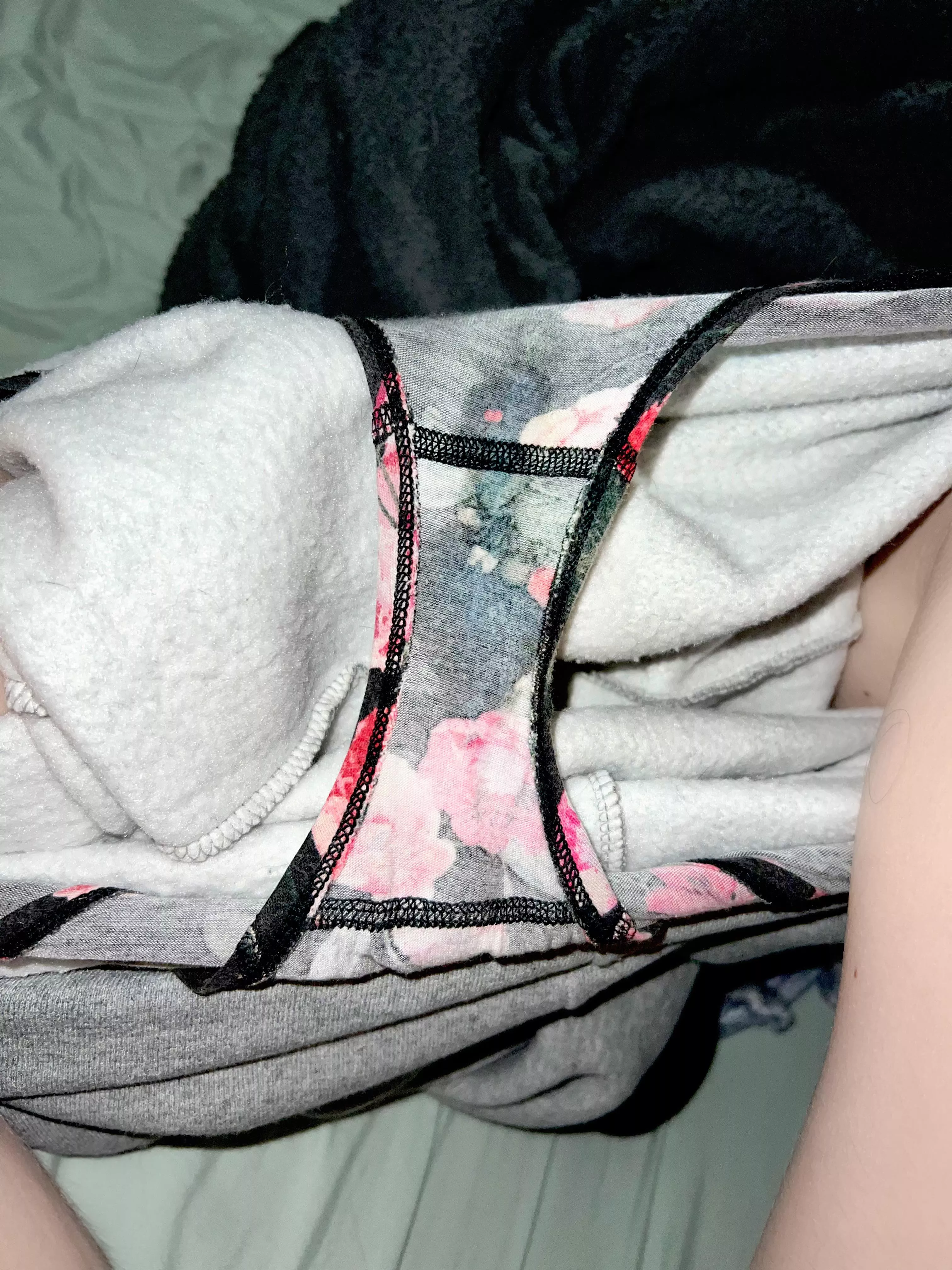 Lounging around in my man’s sweats, extra horny, pussy so wet she soaked through my panties on to them in one large gush, hope he doesn’t get mad that I’ve been a naughty girl