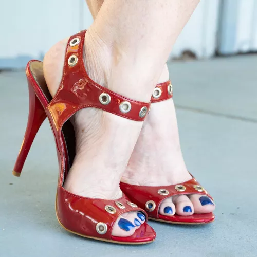 Patent leather red high heels with blue toes from this weekend.