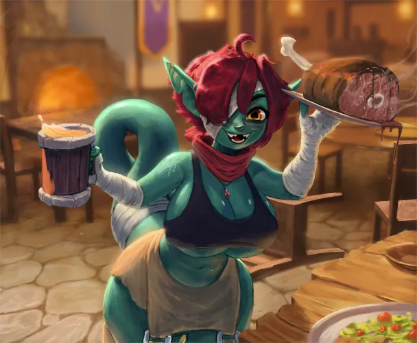 Goblin barmaid (with a tail), by @morc_orc