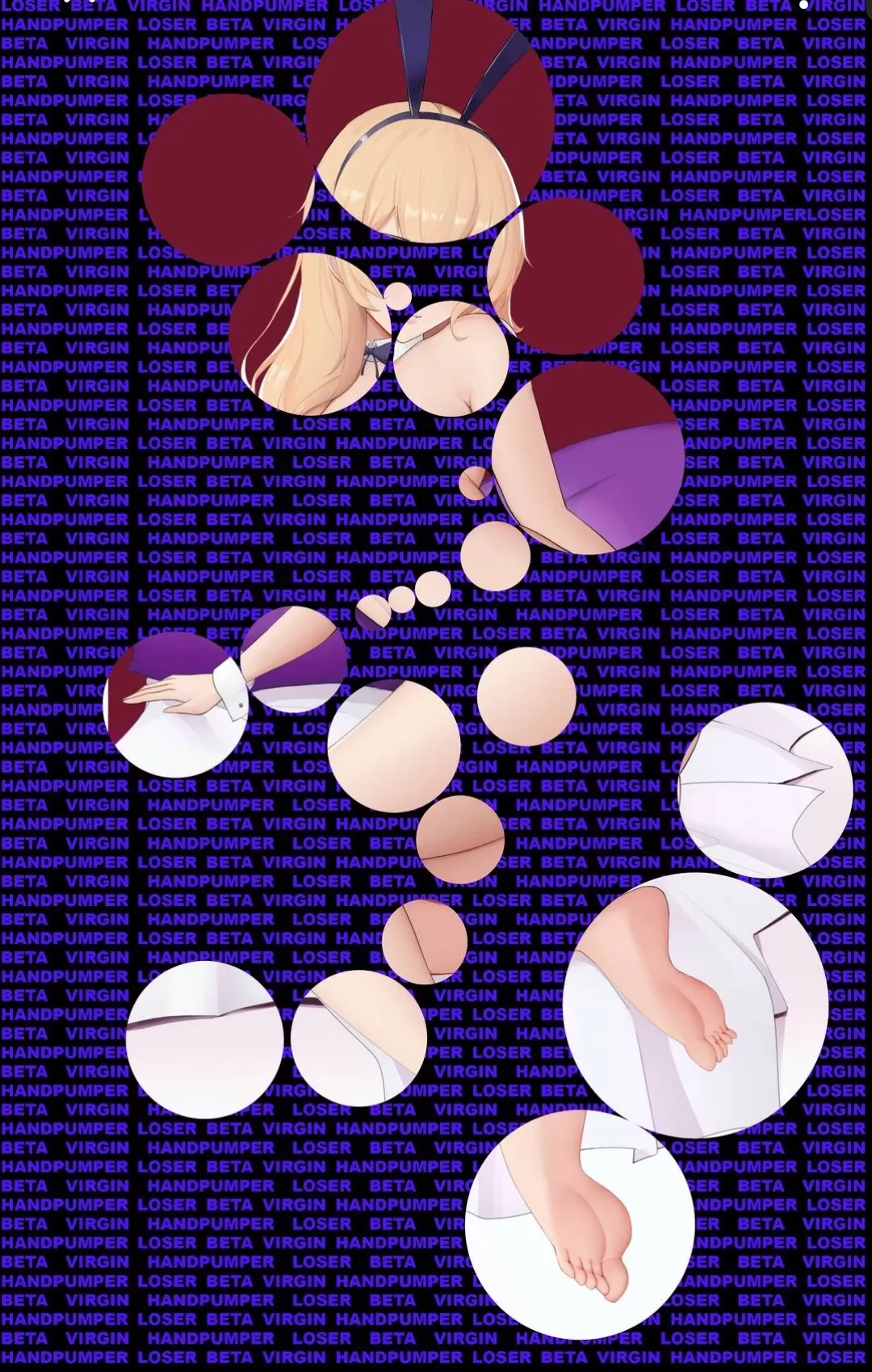 LF Color Source: blonde hair, bunny ears, bowtie, wrist cuffs, barefoot, 1girl, looks nude, highly edited, on bed, purple pillow, red background.