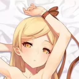 LF color source: 1girl, crop ,blonde hair, long hair, ribbon, bound, white background, brown eyes, bare shoulder, arm up