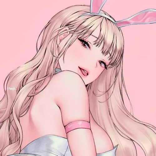 LF Color Source: 1girl, long hair, bangs, blonde hair, bunny hair ornament, hair over back, white bunny costume, white choker, looking at viewer, looking over shoulder, fair skin, parted lips, blush, pink arm band, big breasts, back view, pink background