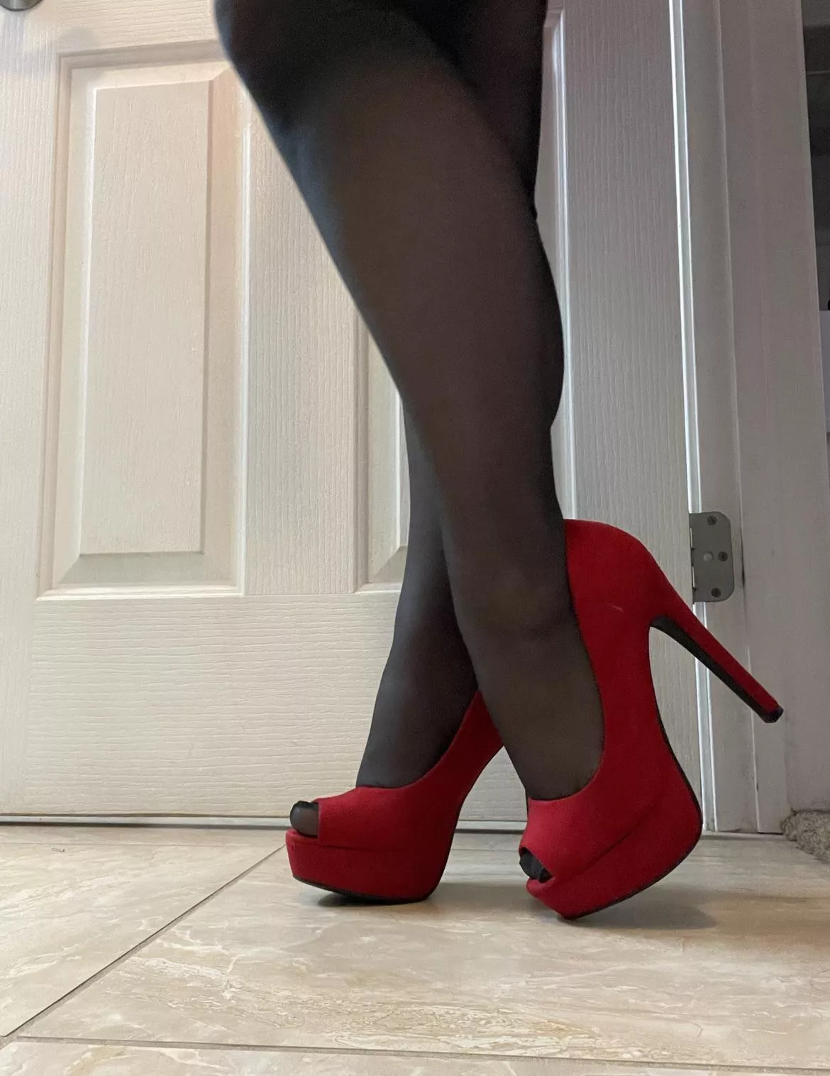 Ready for dinner in my red suede heels