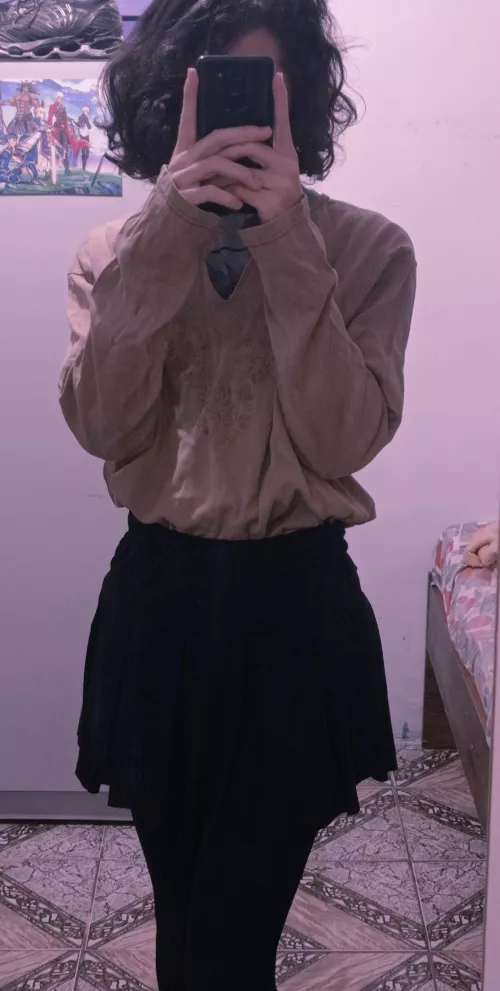 First time wearing a skirt and a pantyhose, feeling cute today