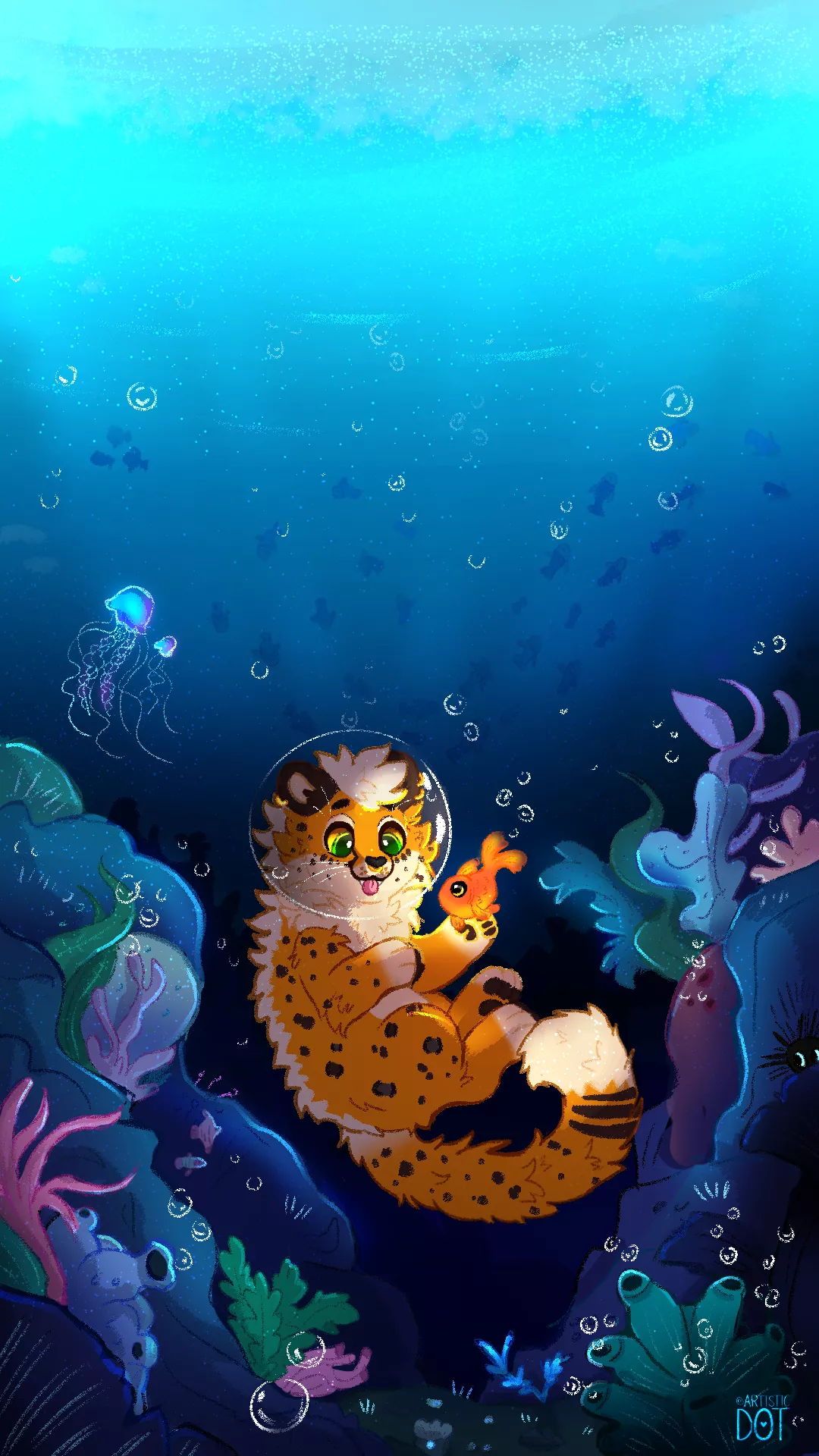 Just a kitty vibing under the sea 🌊 (YCH!!) / @artistic_dot on twitter