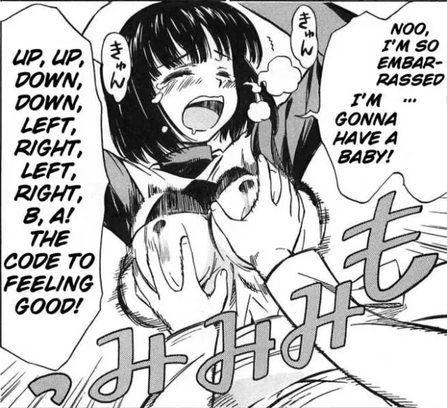 LF Mono Source, 1girl, 1boy, lying on bed, hands on breasts, flustered