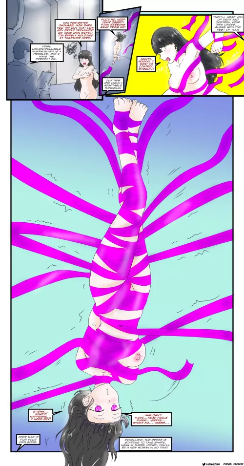 sex addict is trapped in a nanobots cloth dress that brainwashes her to only follow the orders of her daughters and husband (and not move unless told to)