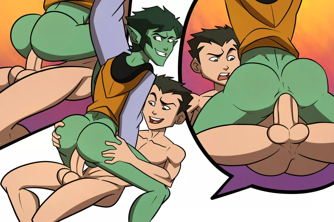 Beast Boy riding Robin (Iyumiblue)