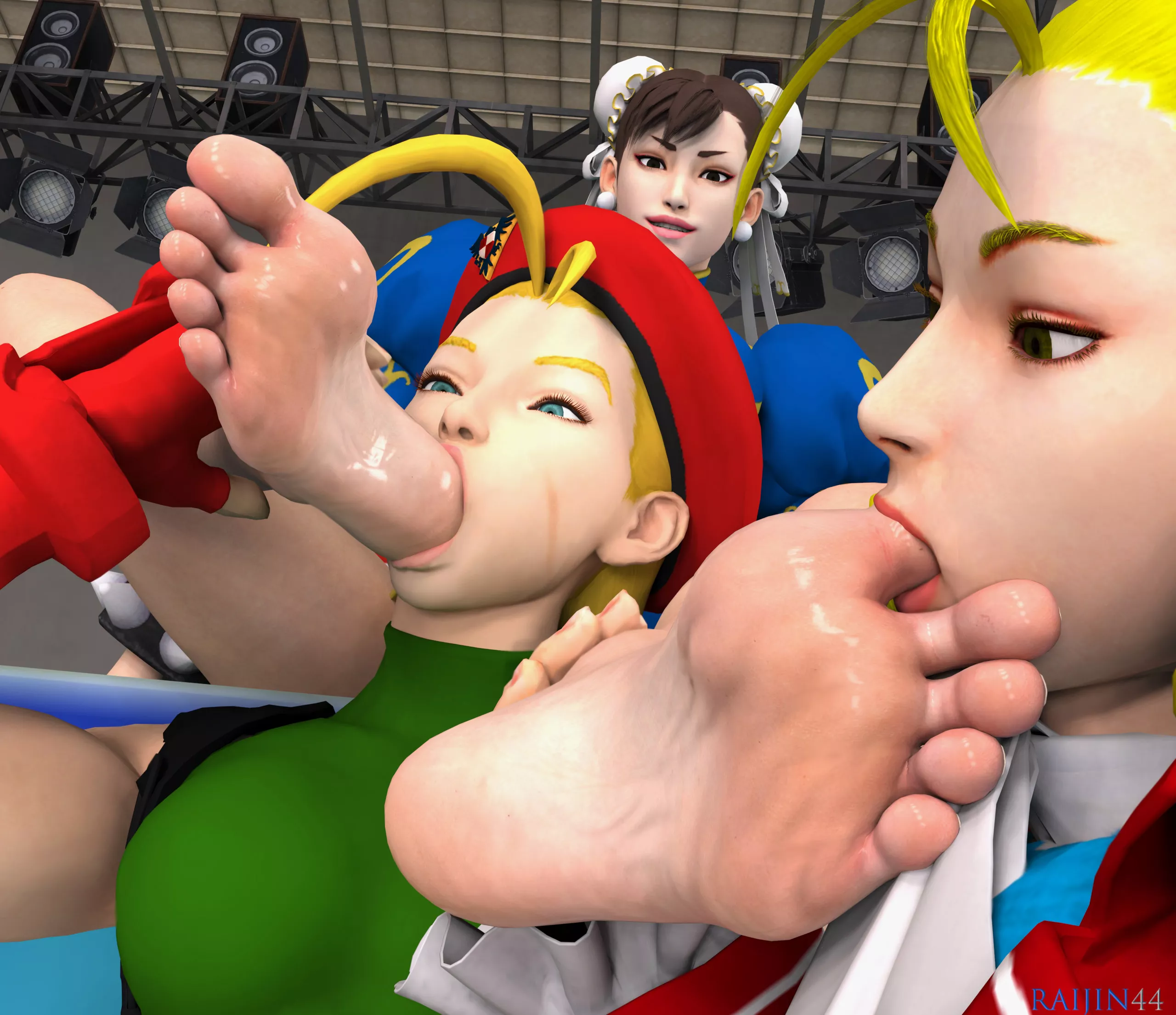 chun li gets her feet sucked by cammy and karin (street fighter v) (artist: raijin44)