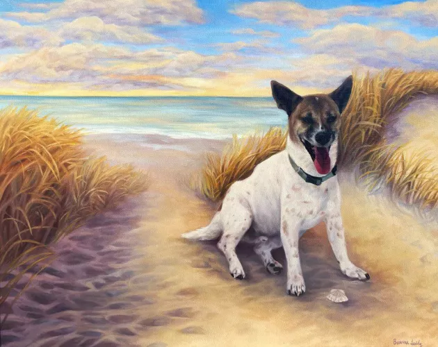 [OC] My oil painting of Pete at his favorite place, the beach 💖 He loved collecting seashells and playing with them so I had to paint one at his feet!