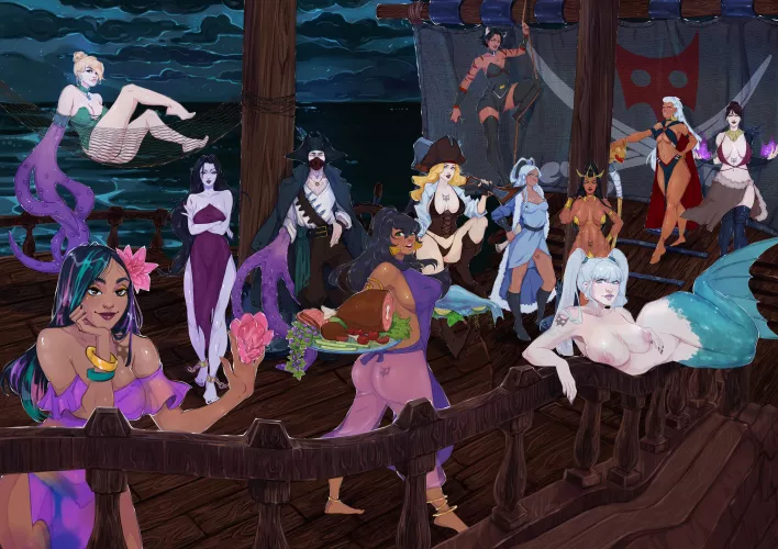 Captain Dredge with his lovely crew. (Artist KiraSs)