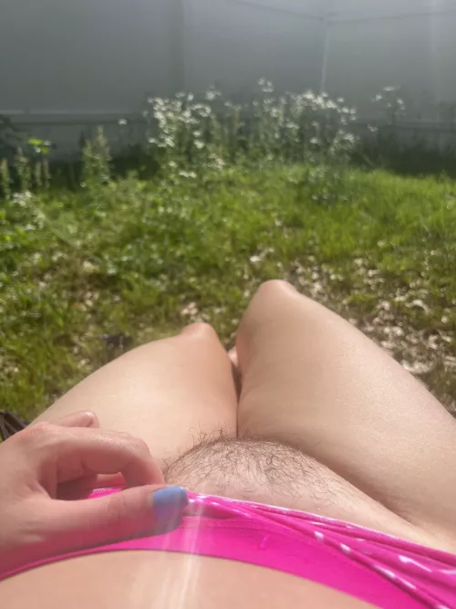 Giving my neighbor a peek at my hairy pussy