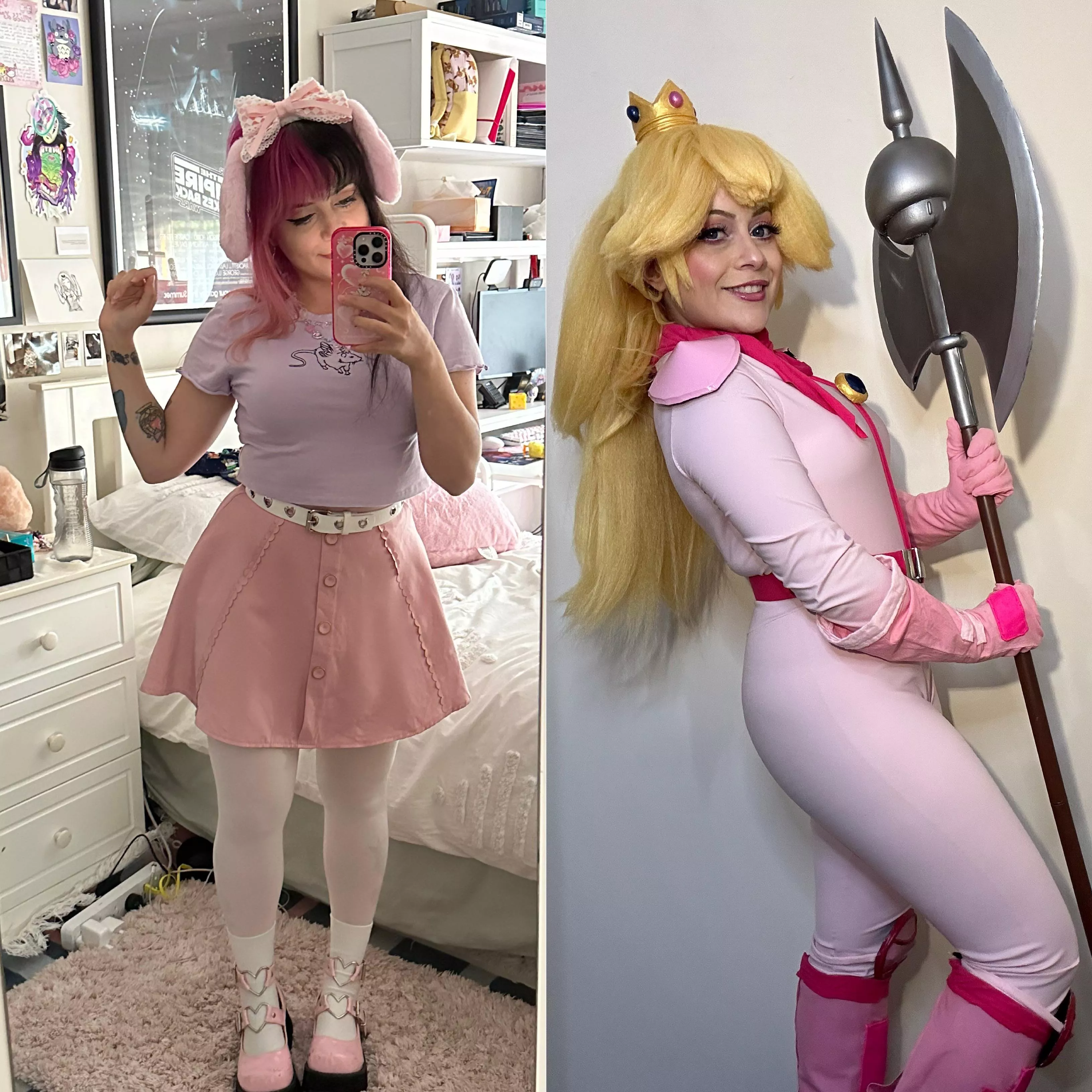 Me in and out of my most recent cosplay!! I made Peach in celebration of the upcoming Super Mario bros movie 🍑