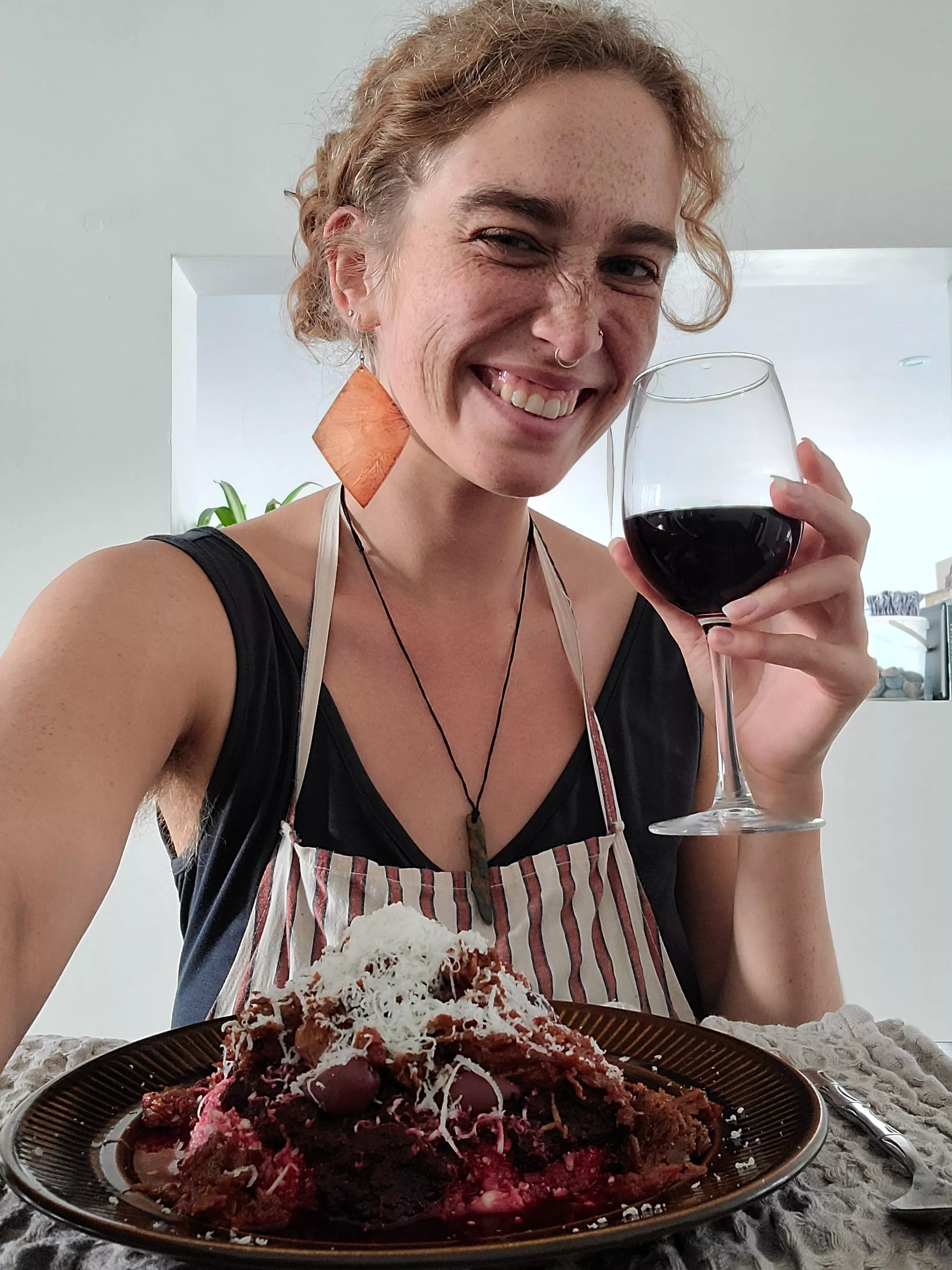 Hairy armpit, delicious wine & food, cheesy grin, what more could you want?