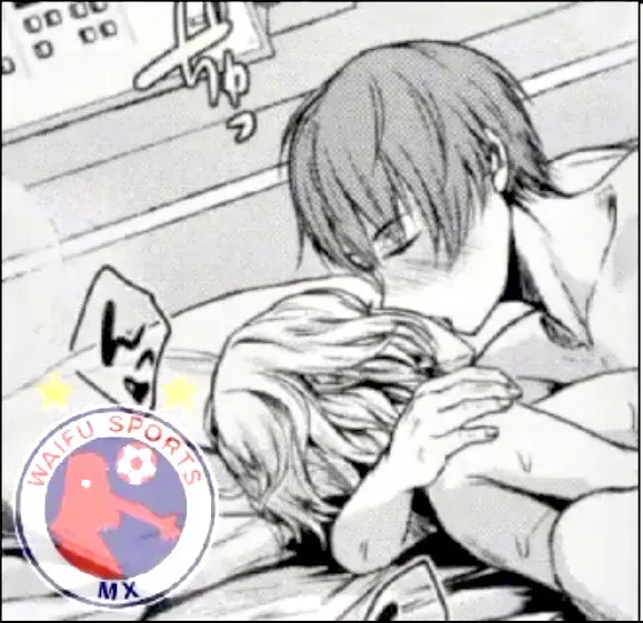 LF Mono Source: 1boy, 1girl, short hair, kissing, bedroom, sfx, foreign text, white hair, blushing, nude, eyes closed, meme, watermark.