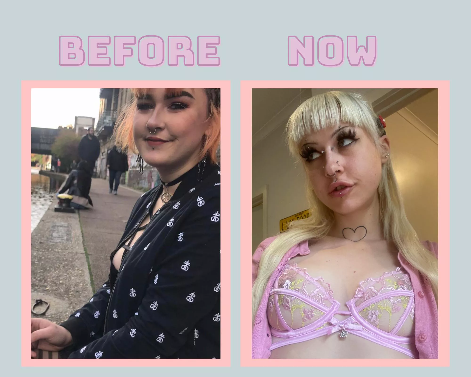 My before & after! Hair extensions, lips & lashes. Need more filler in my lips and need big bolt on tits…