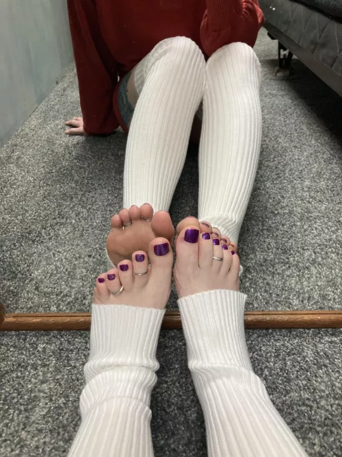 Thigh high, toeless leg warmers, toe rings, newly done dark purple toes. What do you like?