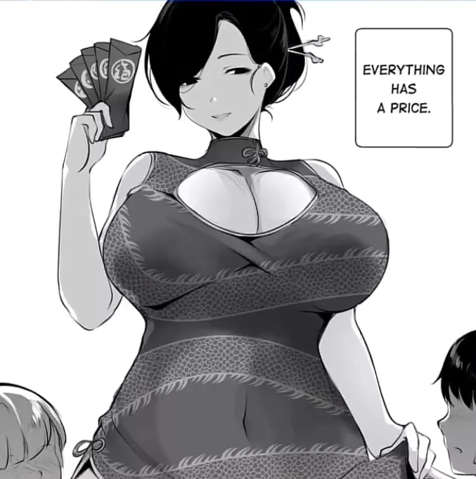 LF Mono Source: 1girl, 2boys, china dress, large breasts, breasts, cleavage, hongbao, holding, parted lips, chinese clothes, clothes lift, blushing, 