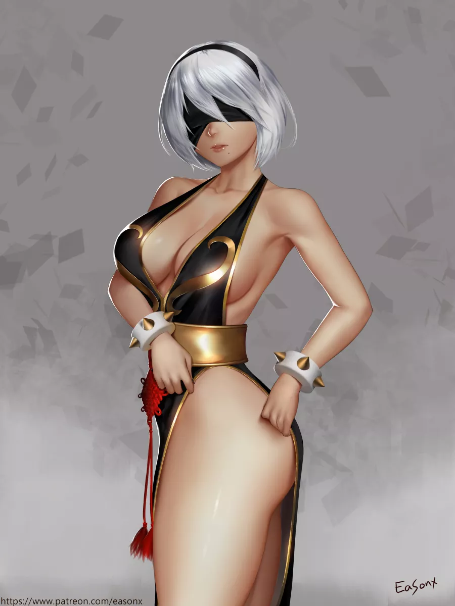 2B shows her lovely thigh (easonx)