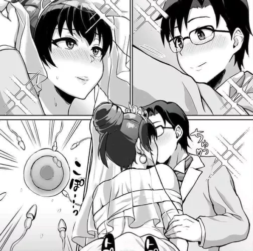 LF Mono Source: 1boy, 1girl, bare shoulders, black hair, bridal veil/wedding veil, bride, crown, earrings, eye contact, fertilization, foreign text, from behind, glasses, groom, impregnation, kiss, marriage, ovum, sfx, short hair, single hair bun, smile,