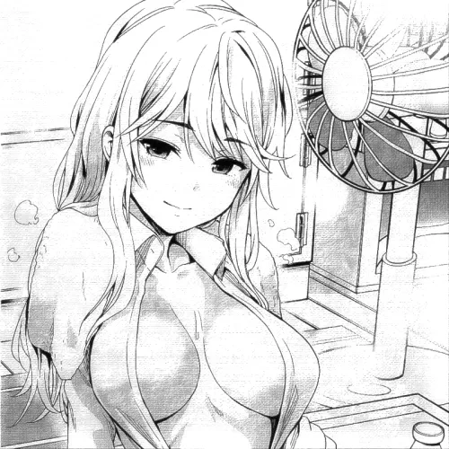 LF Mono Source: 1girl, arm support, blush, bottle, electric fan, large breasts, light hair, long hair, looking at viewer, no bra, open shirt, pink tint, shirt, sidelocks, smile, steam, swept bangs, towel, towel around neck, white hair