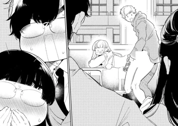 Mono 2boys, 2girls, bent over, black hair, blunt bangs, breasts outside, caught, classroom, doggystyle, from side, glasses, long hair, on desk, open mouth, school, shirt lift, short hair, skirt, standing sex from behind, surprised, sweat, torso grab, voy