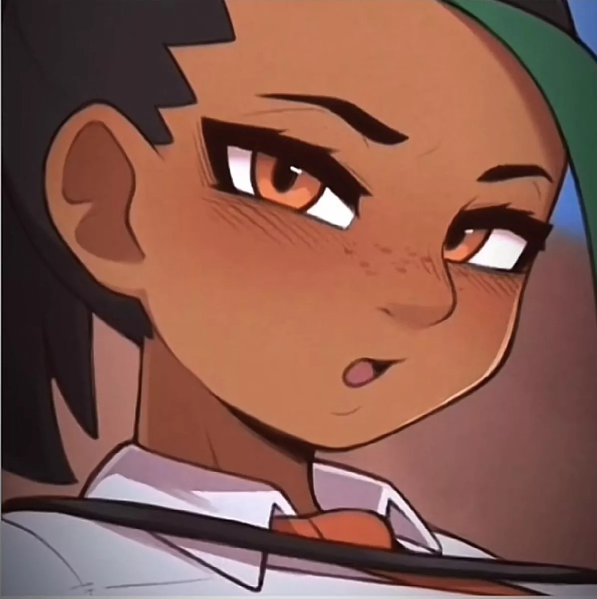 Color 1girl ,Brown eyes, Short black and green hair , Blushing, white shirt , orange tie, squinted eyes , mouth open , freckles , Brown skin color Color 1girl ,Brown eyes, Short black and green hair , Blushing, white shirt , orange tie, squinted eyes , mouth open , freckles , Brown skin color