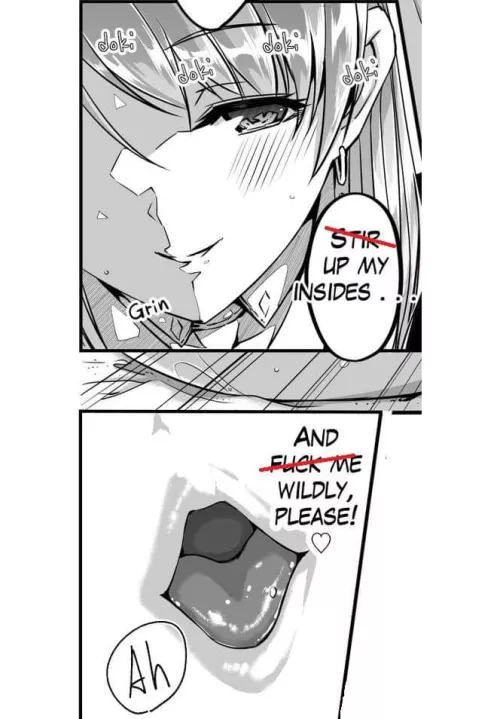 LF mono source, blushing, lips, sweat, doki, grin,