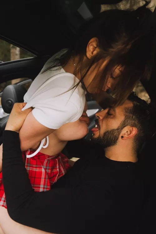 Sexy red skirt in black car 😈