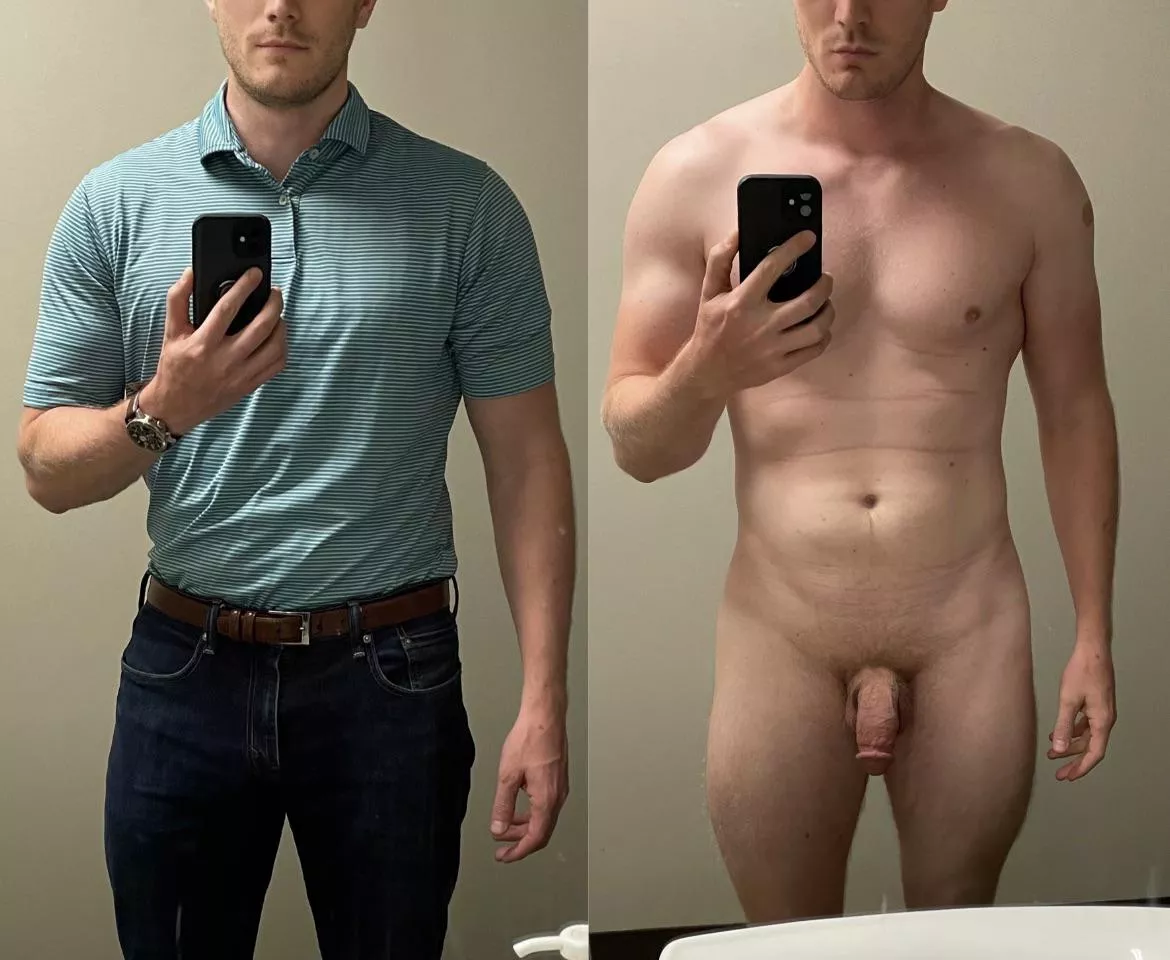 [M] 30 200lbs 6’3” taken at work. I thought I’d share how I look with and without clothes if that’s allowed.