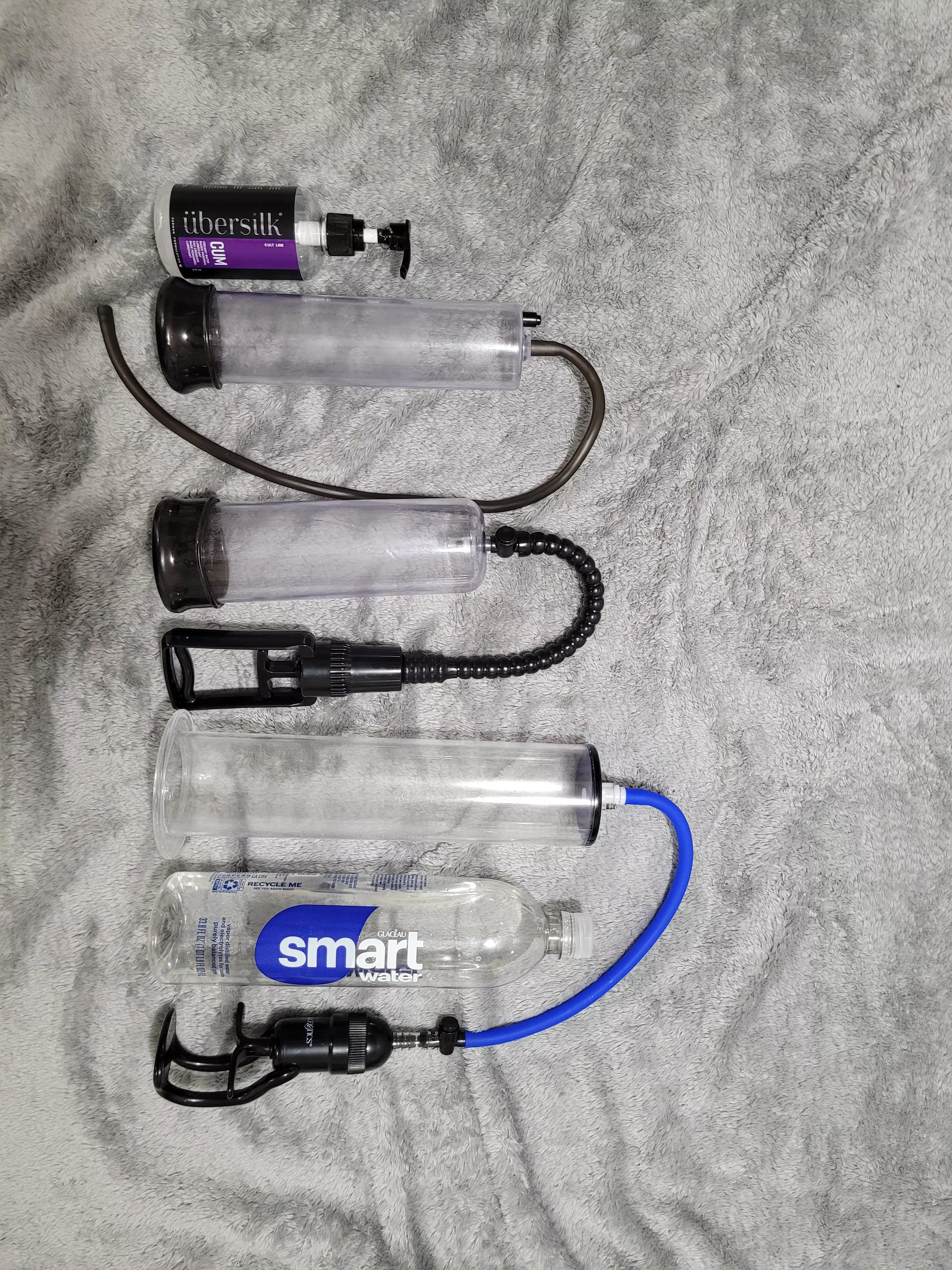 My setup by request. The first one I use as a fleshlight 🤤(33.8fl oz bottle for comparison)