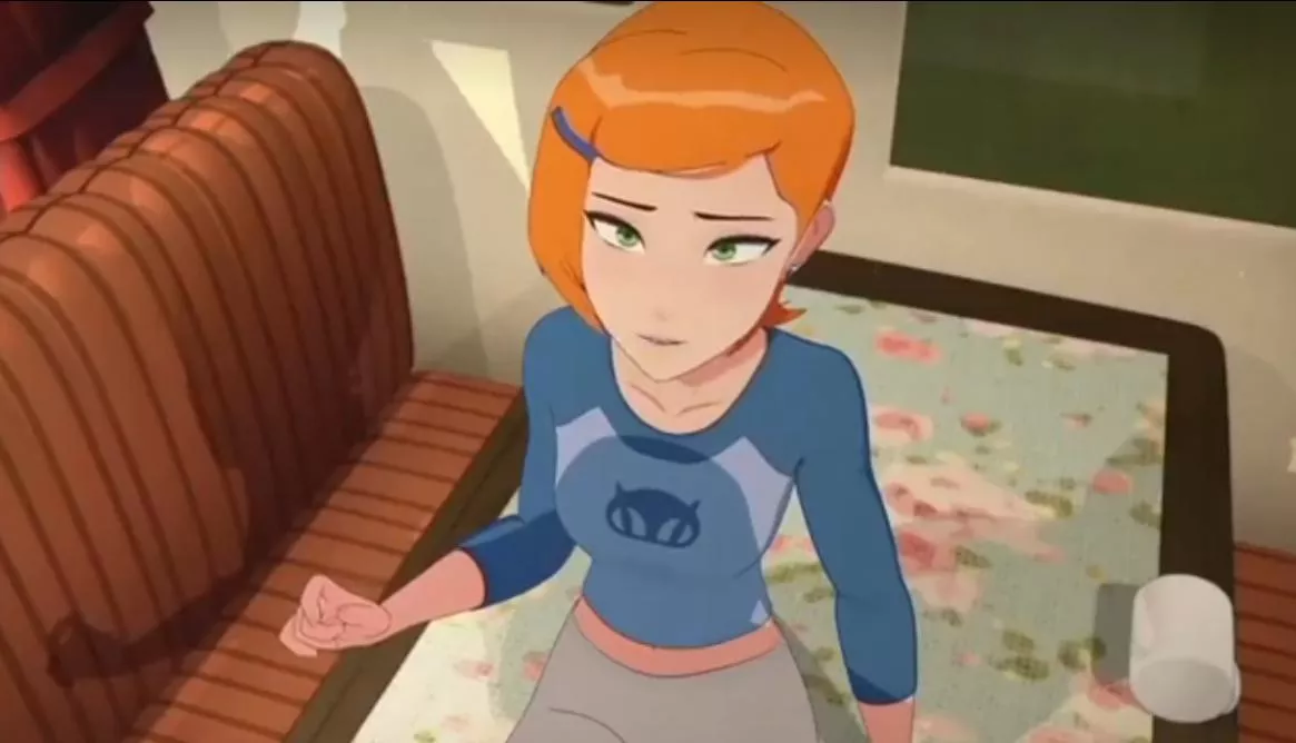 LF Color Source: 1girl, blue shirt, orange hair, sitting, blush,