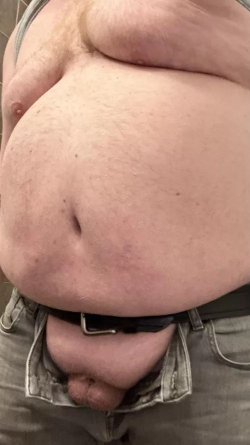 34 My contribution to Tummy Tuesday. Daddy’s been working on the car all afternoon, who’s gonna get me hard and take my three day load?