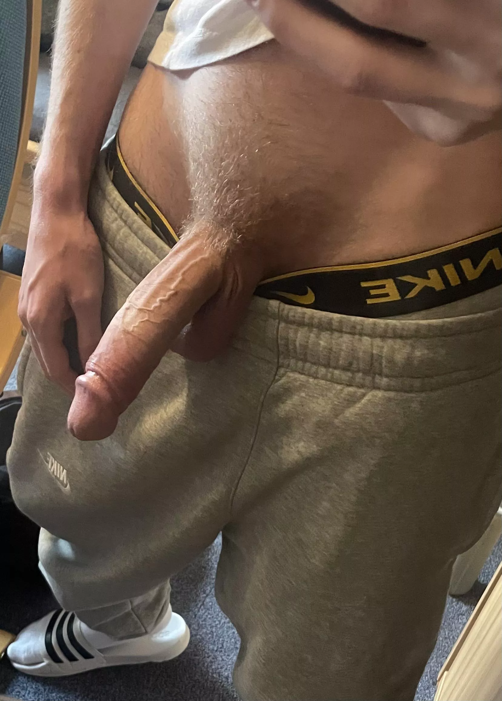 Get on your knees and lick my big cock with the tip of your tongue