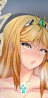 LF color source: 1girl, crop, blonde hair, ahegao, headband, long hair, yellow eyes, mouth open, cleavage, shadow, xenoblade chronicle 2, mythra, sfx