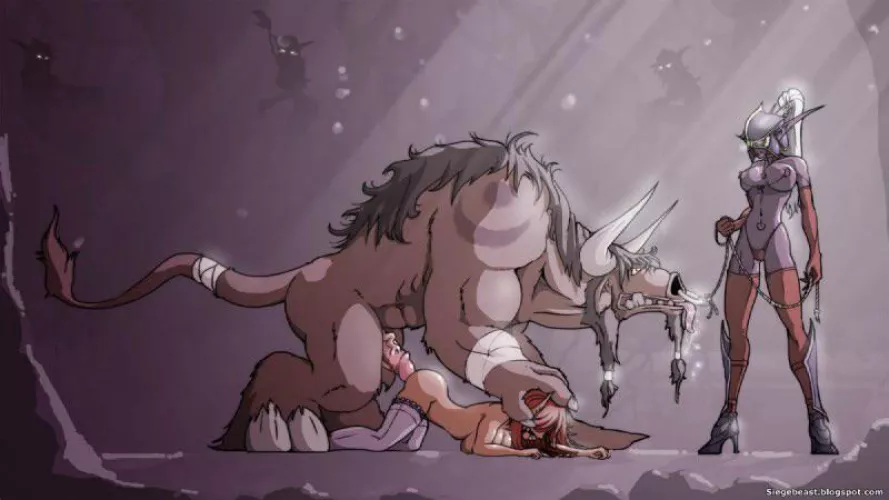 Night Elf showing off her pet bull (siegebeast) (Warcraft)
