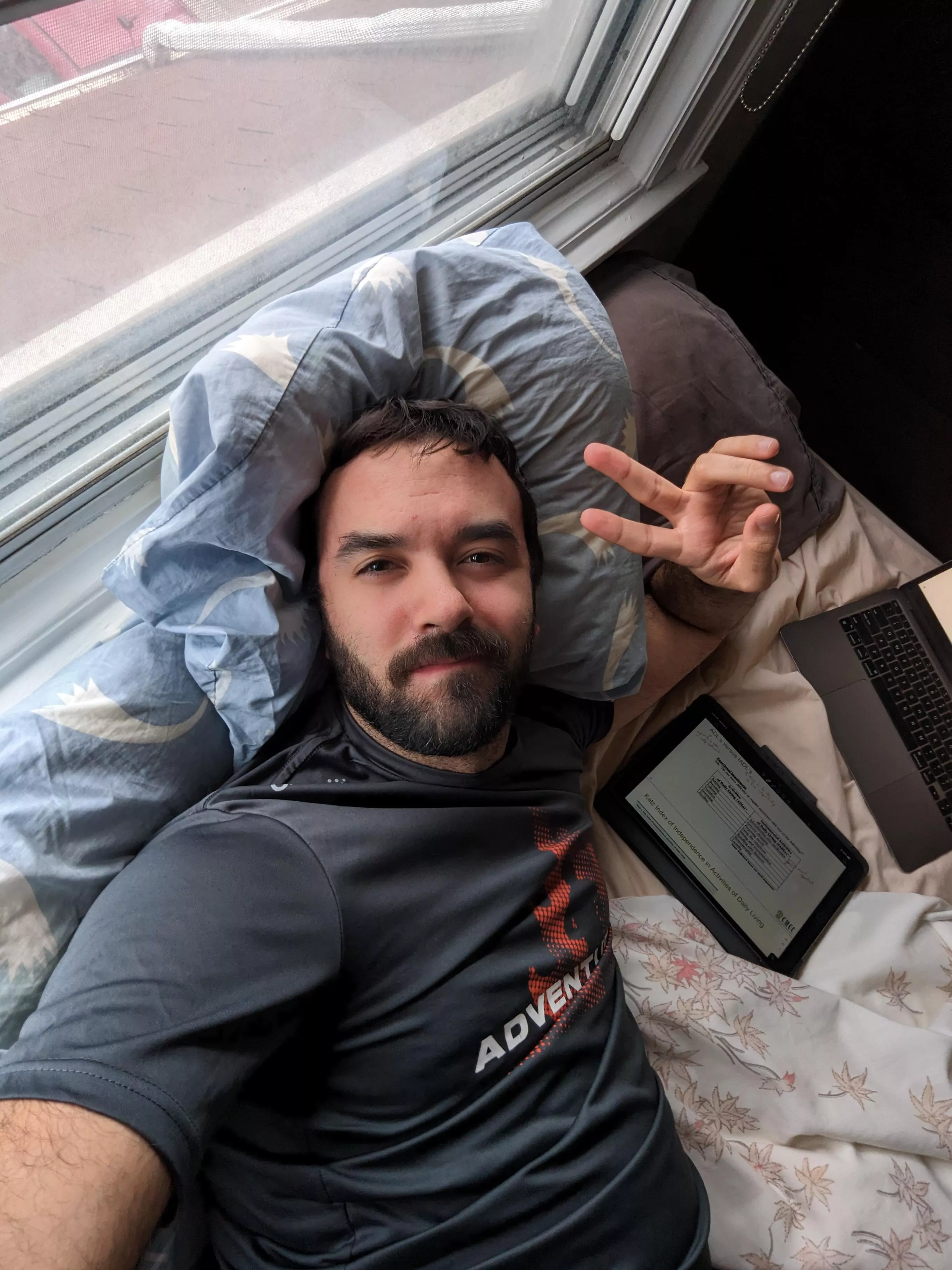 Rainy day means doing school work in bed. Please send help