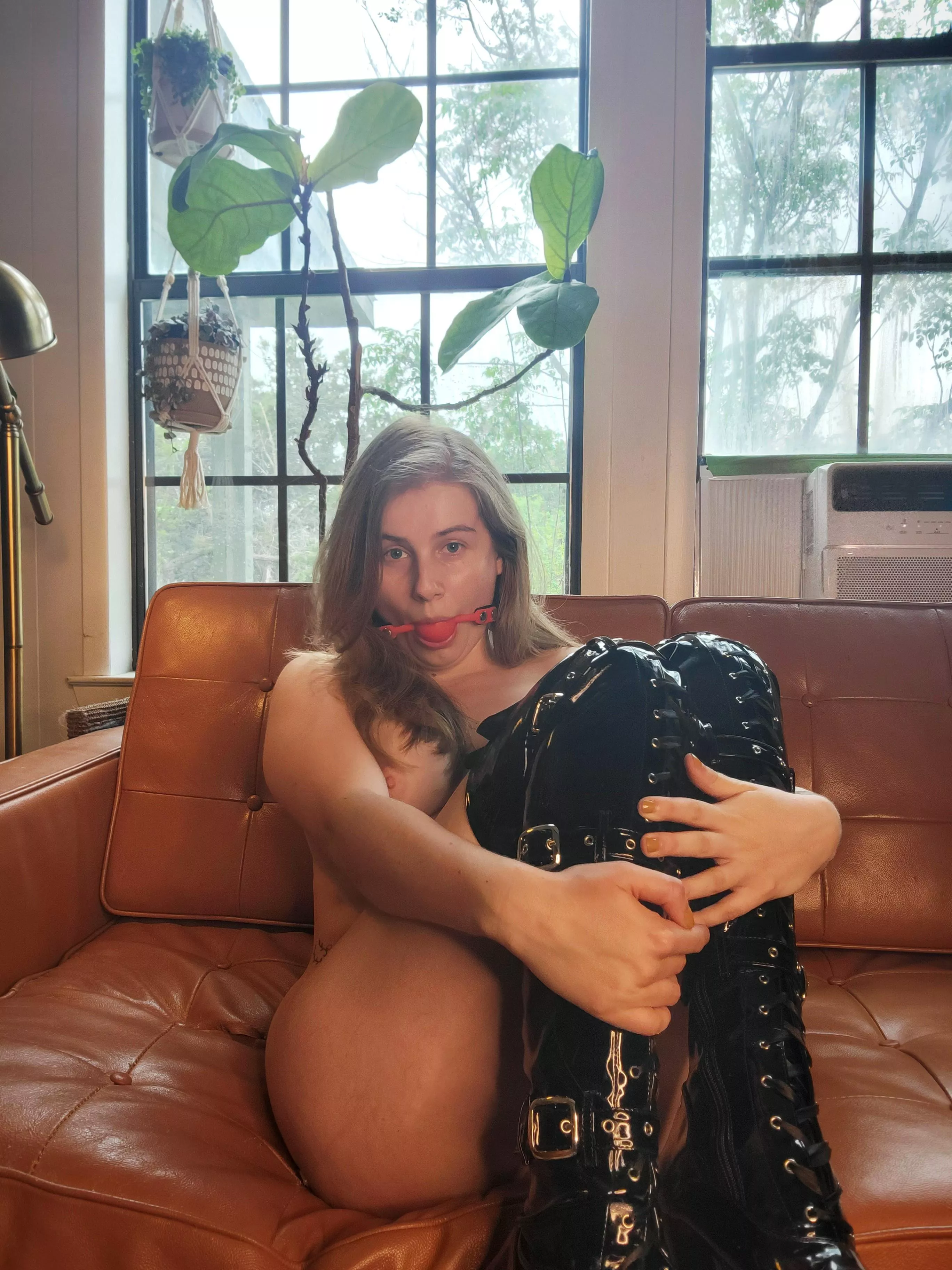 Don't look! All I have on are my boots and this gag 😳 Or maybe actually come a little closer...