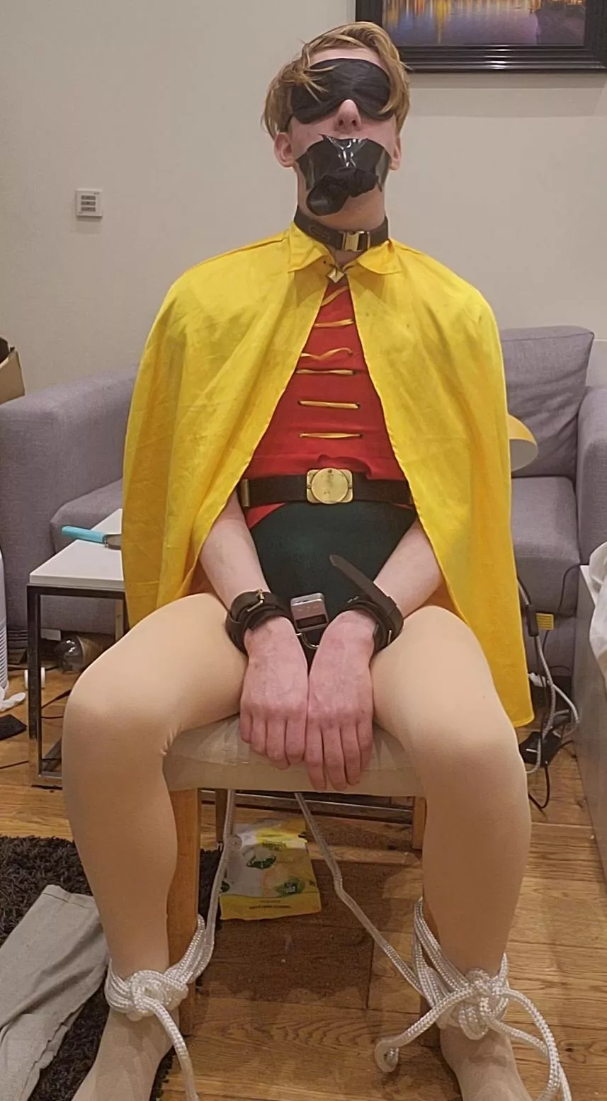 The Boy Wonder trapped with a time release padlock 😉