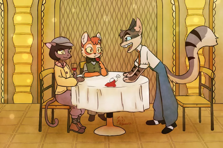 A friendly talk in the restaurant. What you think they talk about? (Lackadaisy Fanart by me)