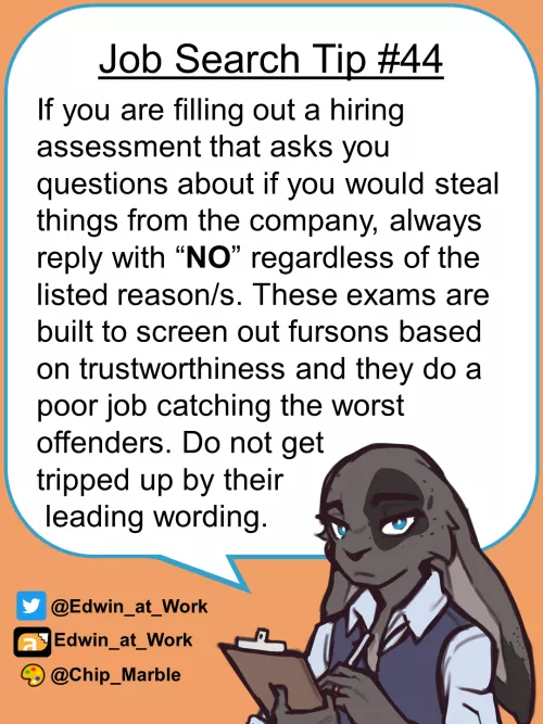 Job Search Tip 44: An Assessment Asks if You Would Steal... Edwin@Work, Job Coaching for Furries