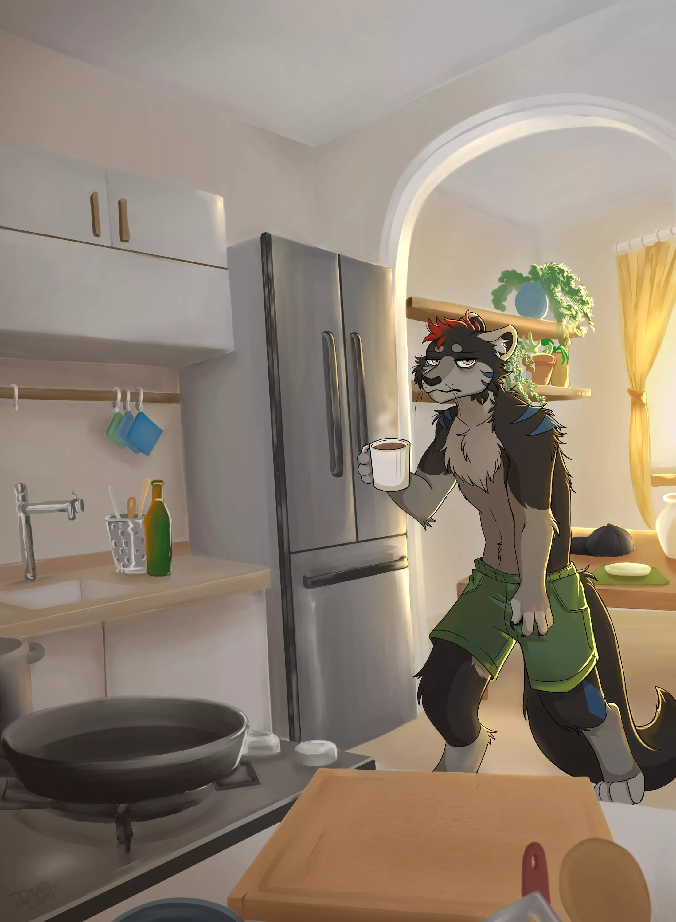 This weasel (OC) needs another brew to wake up. (Art by DeathLight/AsgardianArtist)