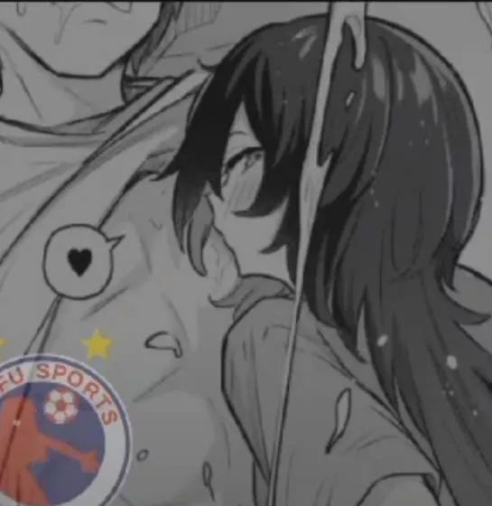 LF Mono Source: 1girl, 1boy, black hair, long hair, sucking male nipple, cum, heart in ballon text, blushed