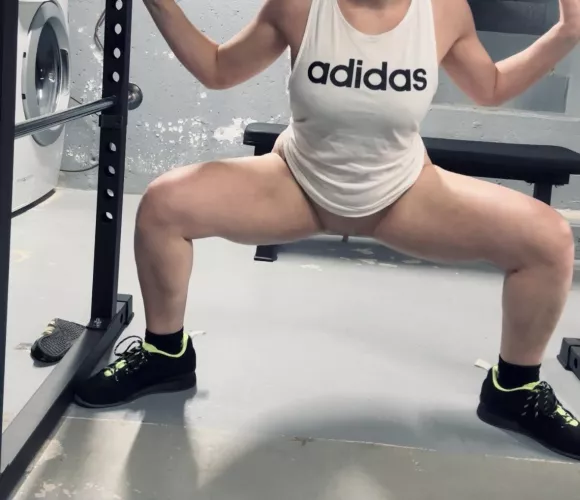 Showing my pussy while I squat. Msg me for video link of the full set. [f]