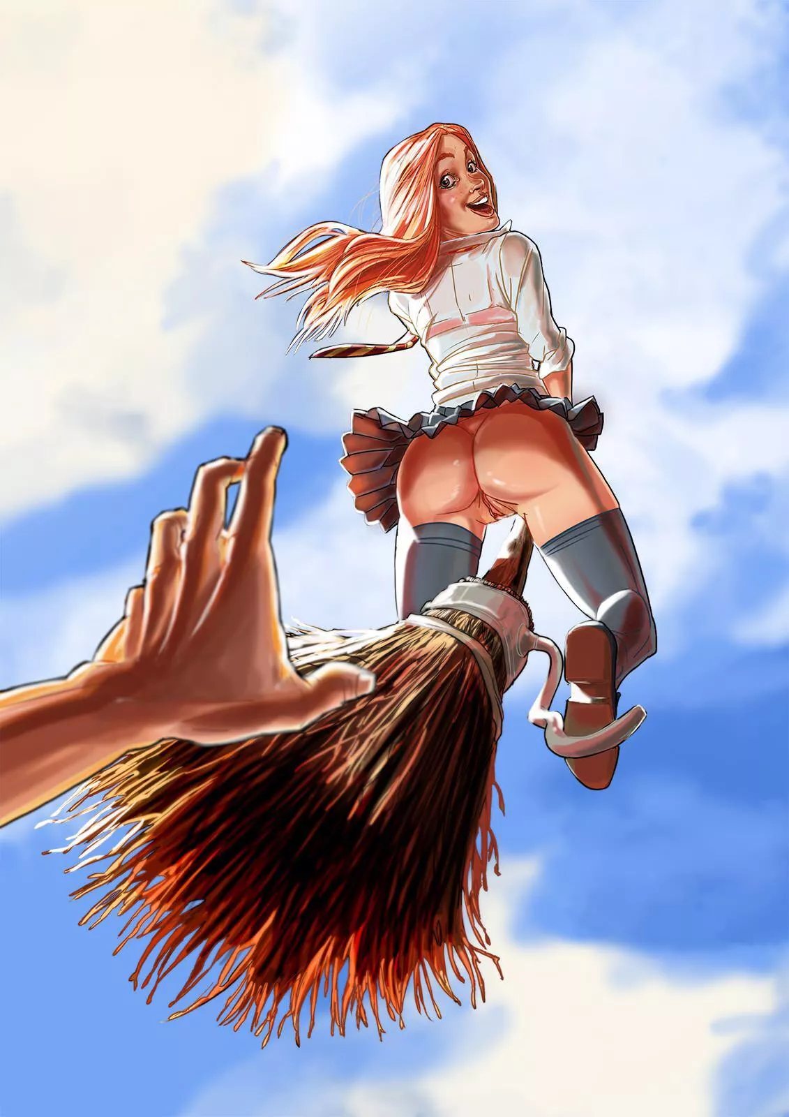 Ginny fly’s on her broom with no panties