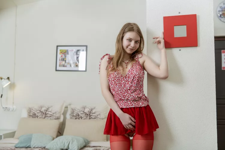 in a red skirt