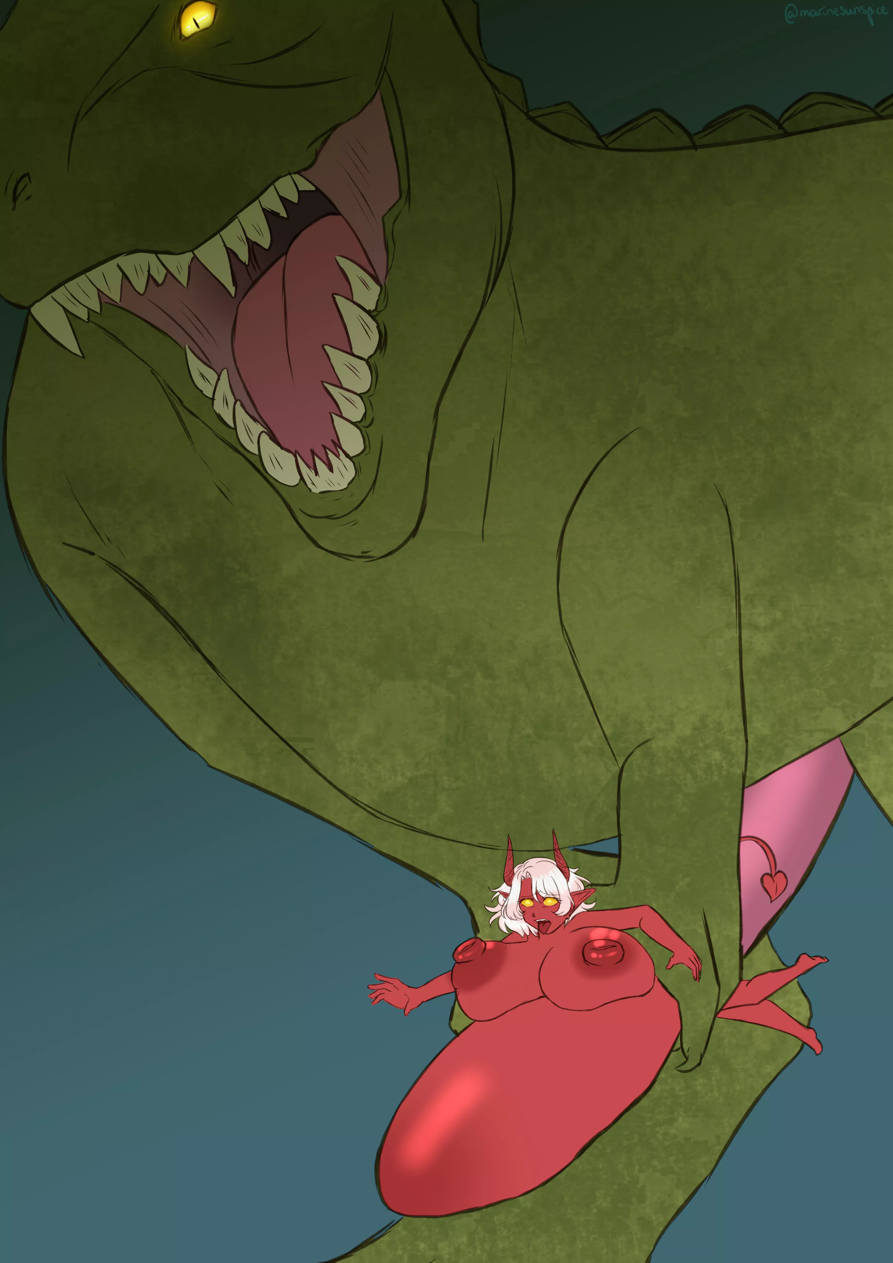 Tiefling girl being used by a T-Rex (marinesunspice)