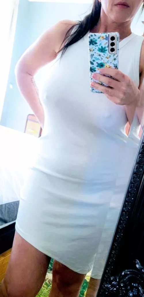 White dress and no bra. Hello spring 🌼 🌸 🌻