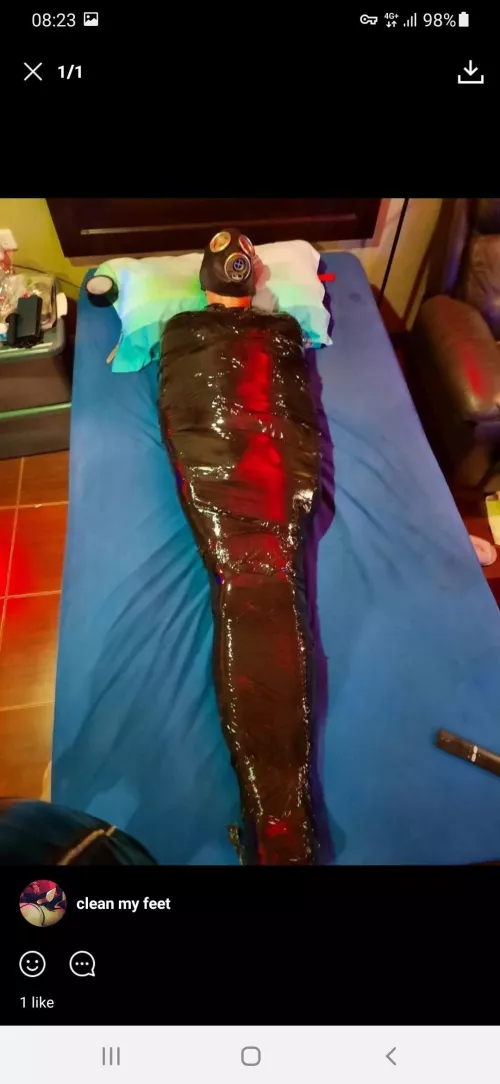 Totally wrapped, can't move, and my dom does what she wants. Love it