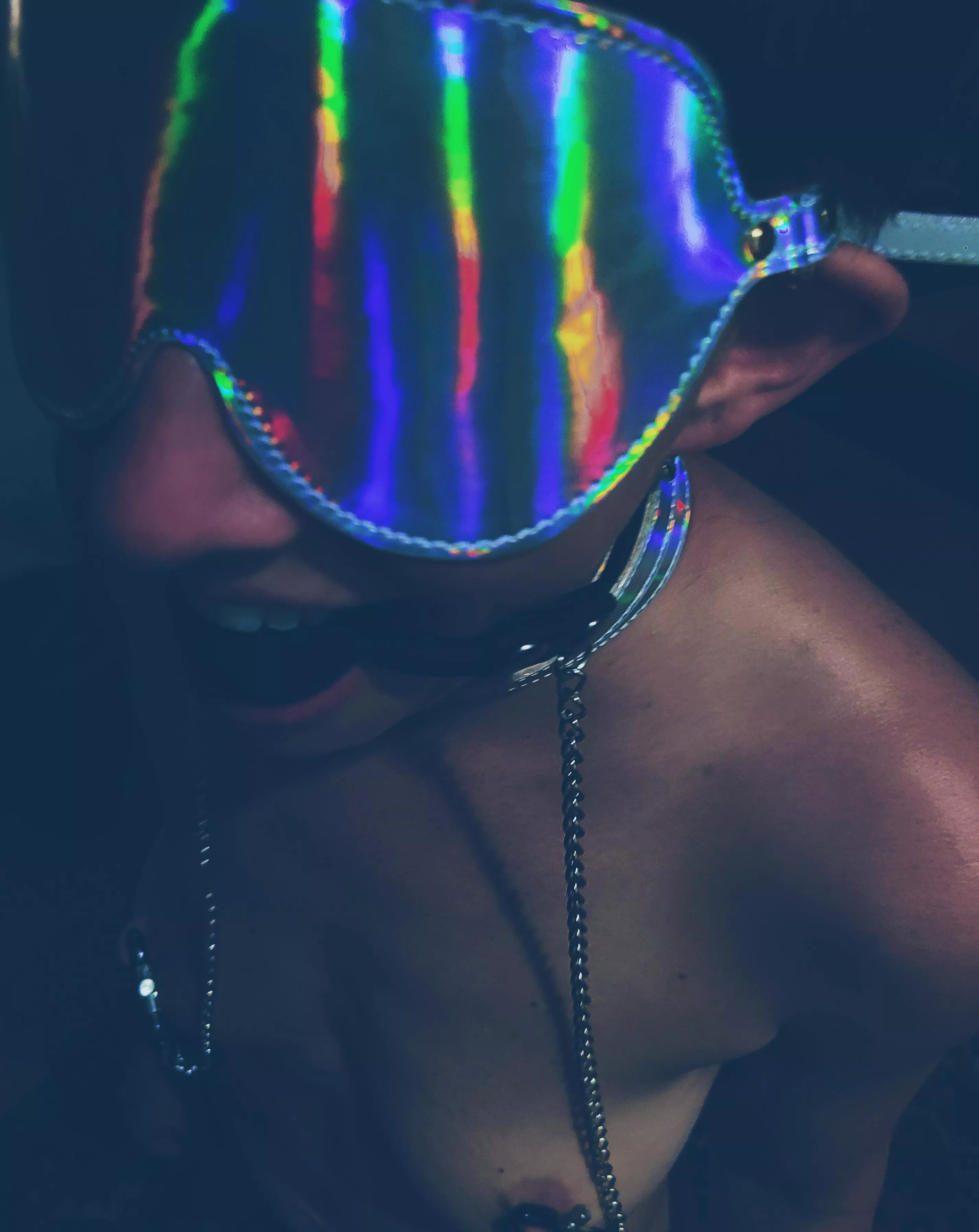 Collared, gagged, blindfolded and clamped..still smilin